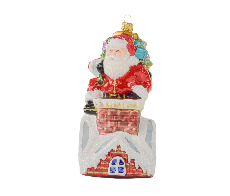 Suspension Noël verre soufflé Père Noël rouge hotte cadeaux colorés descend cheminée brique toit blanc enneigé pailleté H18cm