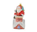 Voir la slide Suspension Noël verre soufflé Père Noël rouge hotte cadeaux colorés descend cheminée brique toit blanc enneigé pailleté H18cm