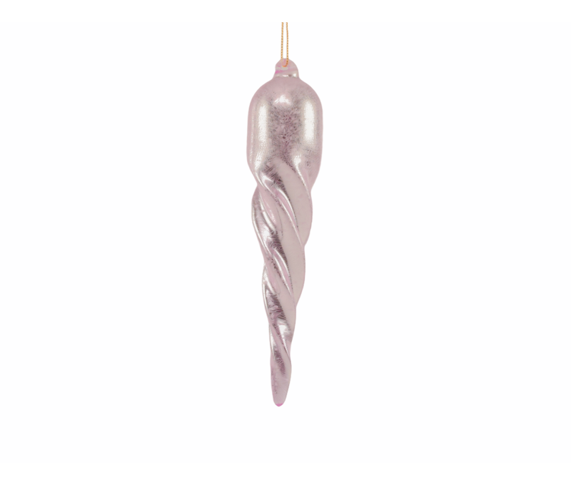 Suspension verre soufflé stalactite torsadée rose clair effet givré nacré décoration sapin Noël H18cm