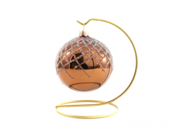 Boule de Noël cuivrée brillante décor lignes billes transparentes diamètre 8cm