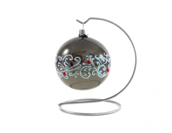Boule de Noël en verre soufflé noire style baroque décor arabesques blanc et strass rouges. diamètre 8cm