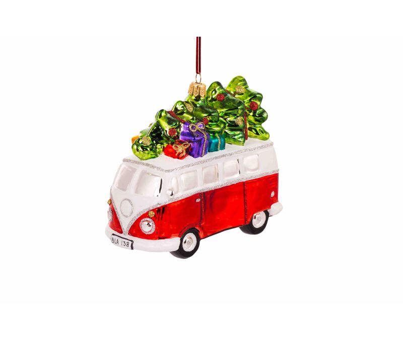 Suspension Noël verre soufflé combi van rouge blanc rétro sapin vert toit cadeaux colorés pailleté peint main H12cm