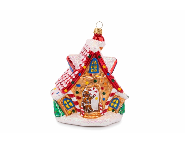 Suspension de Noël maison pain d'épices rouge et blanc en verre soufflé, peinte à la main.  Hauteur : 15cm, made in Europe.