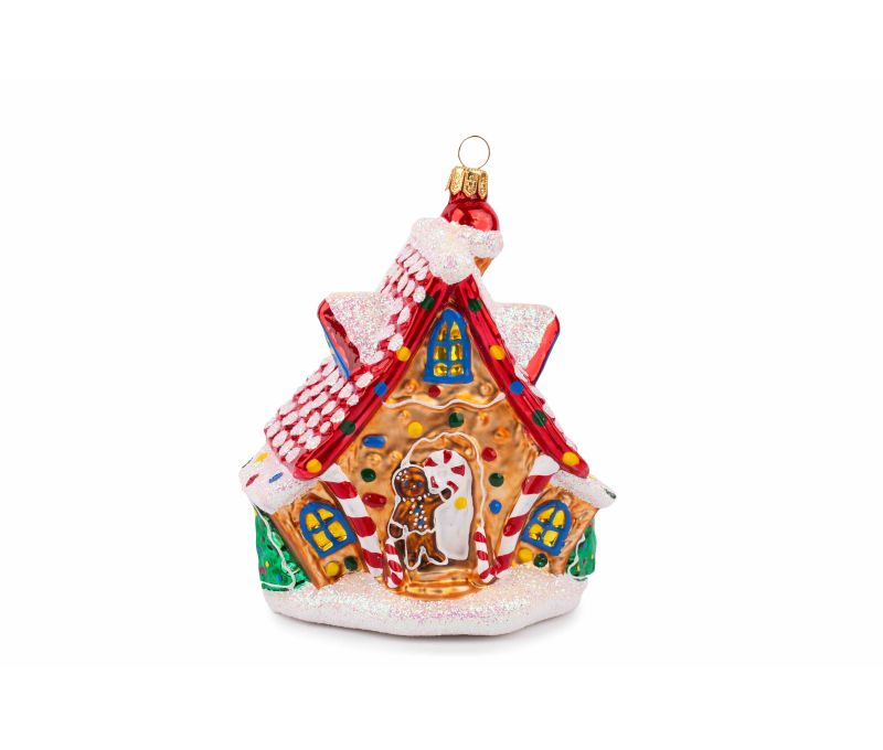 Suspension de Noël maison pain d'épices rouge et blanc en verre soufflé, peinte à la main.  Hauteur : 15cm, made in Europe.