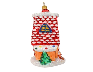 Suspension de Noël maison pain d'épices rouge et blanc en verre soufflé, peinte à la main.  Hauteur : 15cm, made in Europe.