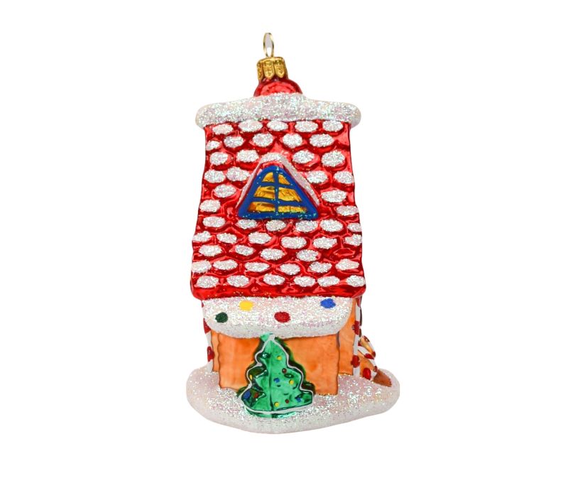 Suspension de Noël maison pain d'épices rouge et blanc en verre soufflé, peinte à la main.  Hauteur : 15cm, made in Europe.