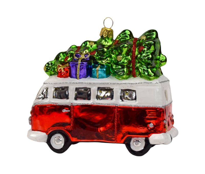 Suspension Noël verre soufflé combi van rouge blanc rétro sapin vert toit cadeaux colorés pailleté peint main H12cm