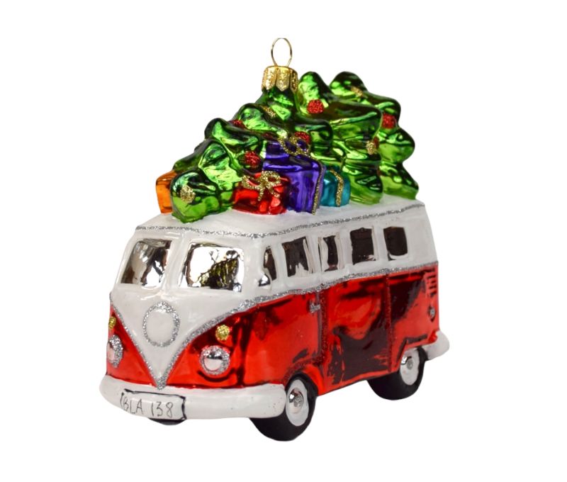 Suspension Noël verre soufflé combi van rouge blanc rétro sapin vert toit cadeaux colorés pailleté peint main H12cm