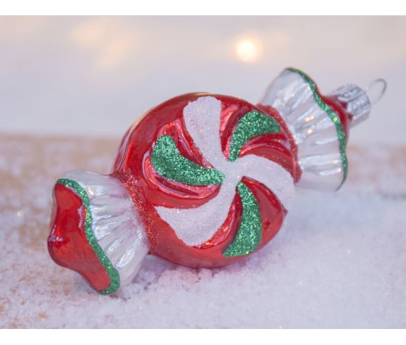 Suspension Noël verre soufflé bonbon tourbillon rouge blanc vert pailleté emballage argenté H13cm