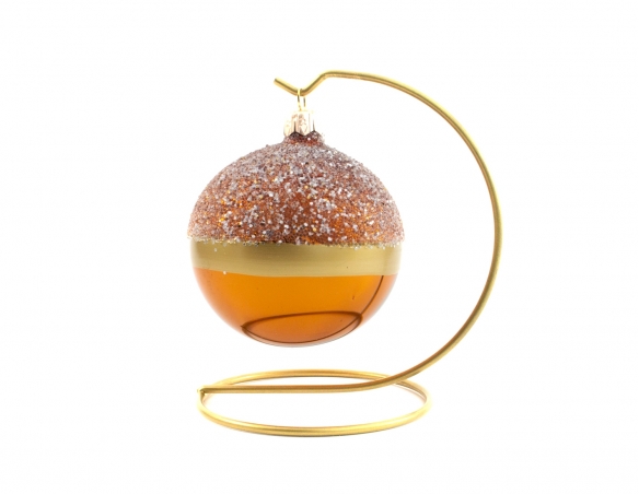 Boule de Noël cuivrée ligne dorée et paillettes sur le dessus de la boule. D 8cm