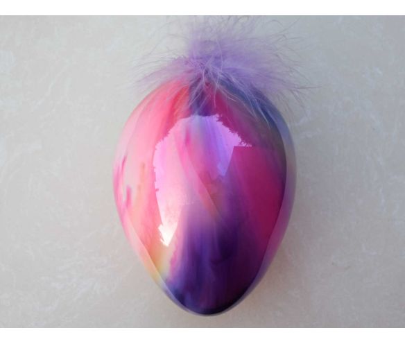 Oeuf de Pâques verre soufflé brillant rose fuchsia mauve jaune dégradé unique pompom plumes mauves H16cm - Lilosquare