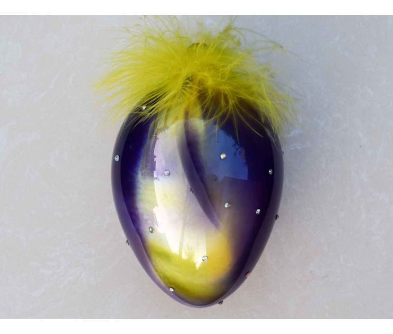 Oeuf de Pâques verre soufflé brillant rose fuchsia mauve jaune dégradé unique pompom plumes mauves H16cm - Lilosquare