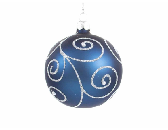 Boule de Noël bleu nuit décor arabesques argentées diamètre 8cm