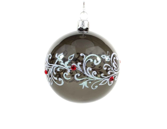 Boule de Noël noire style baroque décor arabesques blanc et strass rouges diamètre 8cm