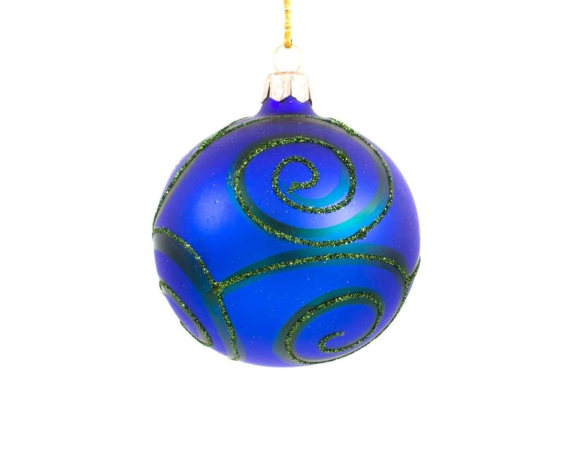 Boule de Noël en verre soufflé et décorée à la main, boule en verre bleu roi avec décor spirales vertes en paillettes