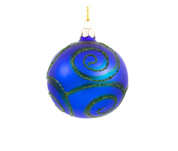Boule de Noël en verre soufflé et décorée à la main, boule en verre bleu roi avec décor spirales vertes en paillettes