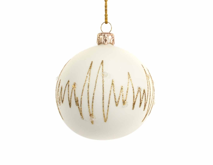 Boule de Noël en verre  blanc cassé avec chevrons dorés peints à la main diamètre 8cm