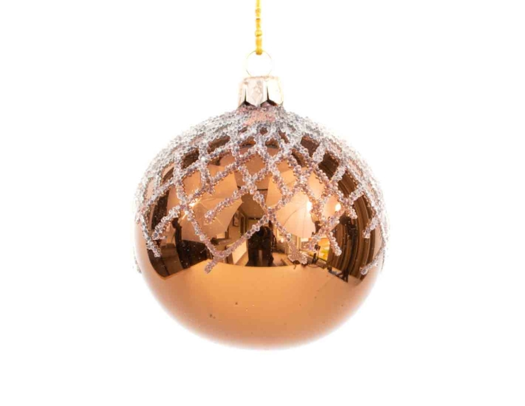 Boule de Noël cuivrée brillante décor lignes billes transparentes diamètre 8cm