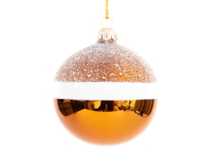 Boule de Noël cuivrée avec une ligne blanche au milieu et des paillettes  sur le haut de la boule. Diamètre 8 cm