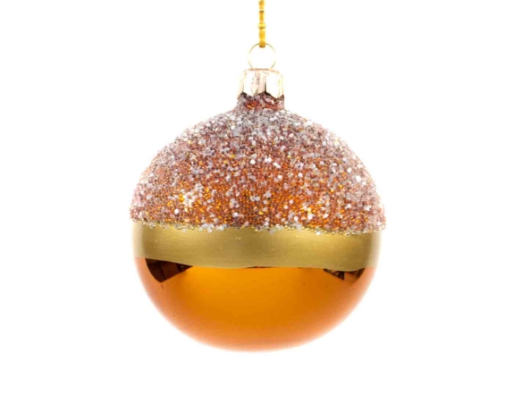 Boule de Noël cuivrée ligne dorée et paillettes sur le dessus de la boule. D 8cm