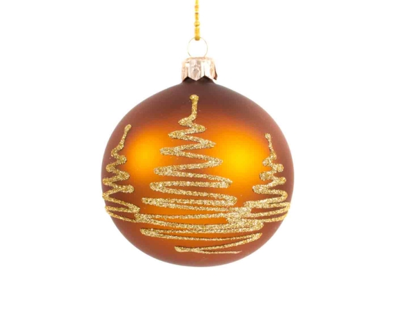 Boule de Noël en verre soufflé cuivré mat avec un décor de sapin stylisé en paillettes dorées. Diamètre 8cm
