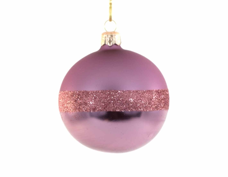 Boule de Noël mauve parme en verre soufflé avec bande pailletés. Diamètre 8cm