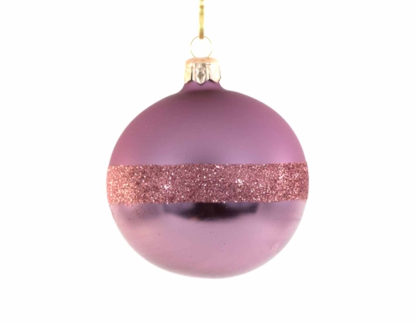 Boule de Noël mauve parme en verre soufflé avec bande pailletés. Diamètre 8cm