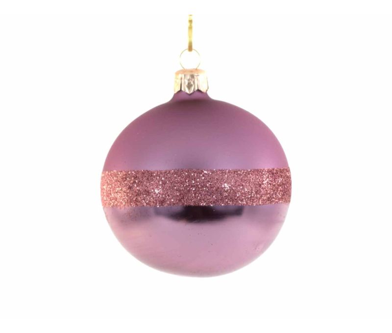 Boule de Noël mauve parme en verre soufflé avec bande pailletés. Diamètre 8cm