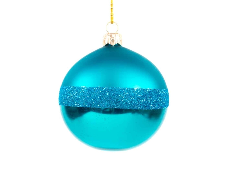 Boule de Noël turquoise en verre soufflé avec une bande de paillettes. Diamètre 8cm