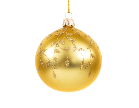 Boule de Noël dorée matte décor feuilles dorées en paillettes diamètre 8cm