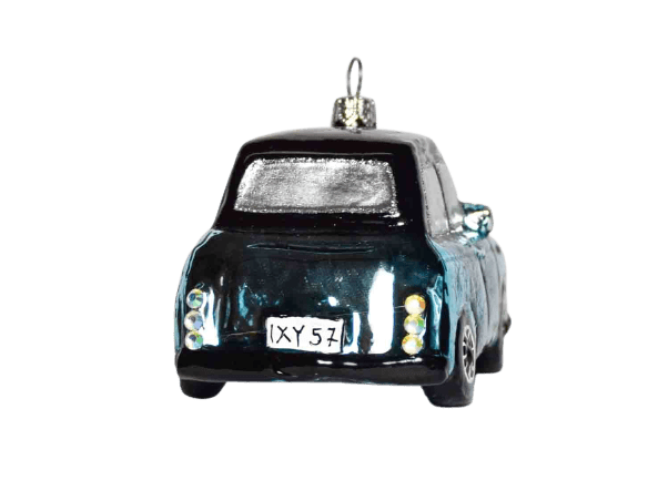 Décoration pour sapin de Noël en verre soufflé petite voiture retro type mini bleu et noir Hauteur 7cm vue de  l'arrière