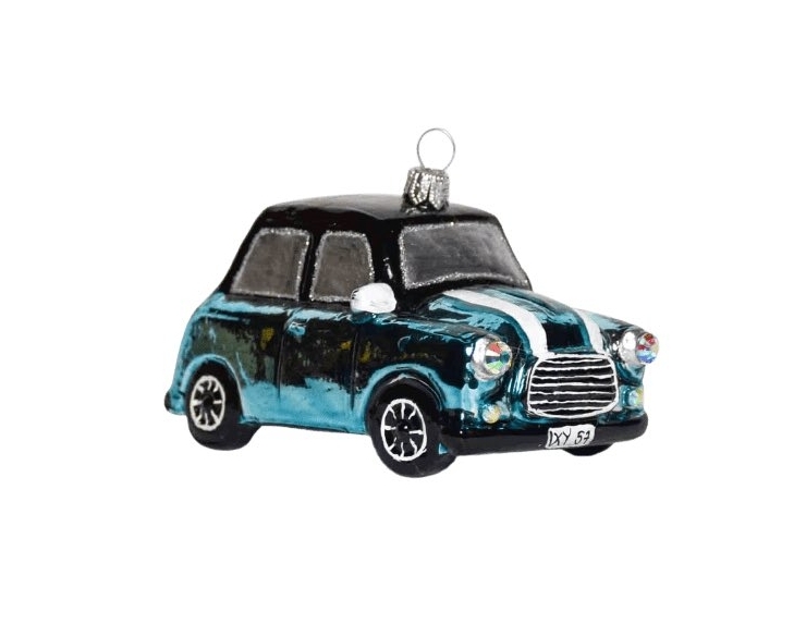 Décoration pour sapin de Noël en verre soufflé petite voiture retro type mini bleu et noir Hauteur 7cm vue de côté