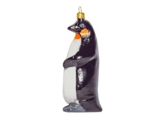 Pingouin empereur en verre soufflé et décoré main pour pendre au sapin de Noël vue de côté couleur blanc et noir