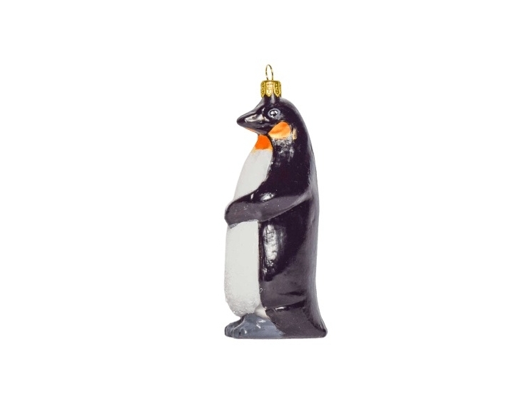 Pingouin empereur en verre soufflé et décoré main pour pendre au sapin de Noël vue de côté couleur blanc et noir