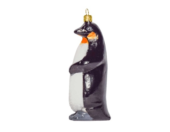 Pingouin empereur en verre soufflé et décoré main pour pendre au sapin de Noël vue de côté couleur blanc et noir