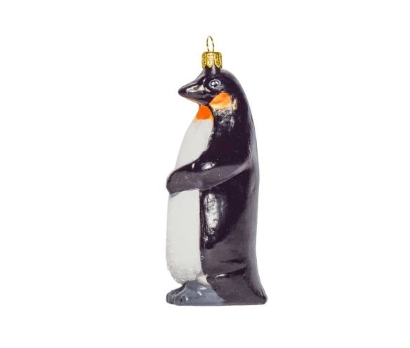 Pingouin empereur en verre soufflé et décoré main pour pendre au sapin de Noël vue de côté couleur blanc et noir