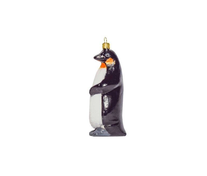 Pingouin empereur en verre soufflé et décoré main pour pendre au sapin de Noël vue de côté couleur blanc et noir