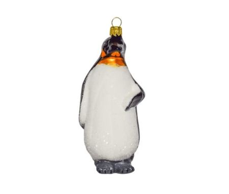 Pingouin empereur en verre soufflé et décoré main pour pendre au sapin de Noël vue de face couleur blanc et noir