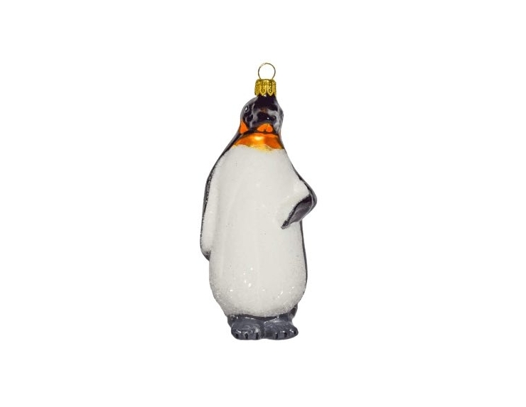 Pingouin empereur en verre soufflé et décoré main pour pendre au sapin de Noël vue de face couleur blanc et noir