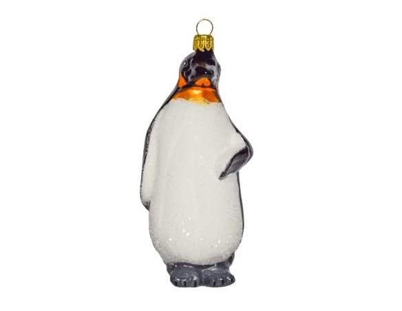 Pingouin empereur en verre soufflé et décoré main pour pendre au sapin de Noël vue de face couleur blanc et noir