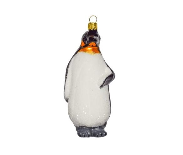 Pingouin empereur en verre soufflé et décoré main pour pendre au sapin de Noël vue de face couleur blanc et noir