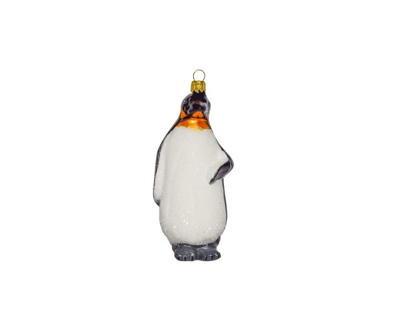 Pingouin empereur en verre soufflé et décoré main pour pendre au sapin de Noël vue de face couleur blanc et noir