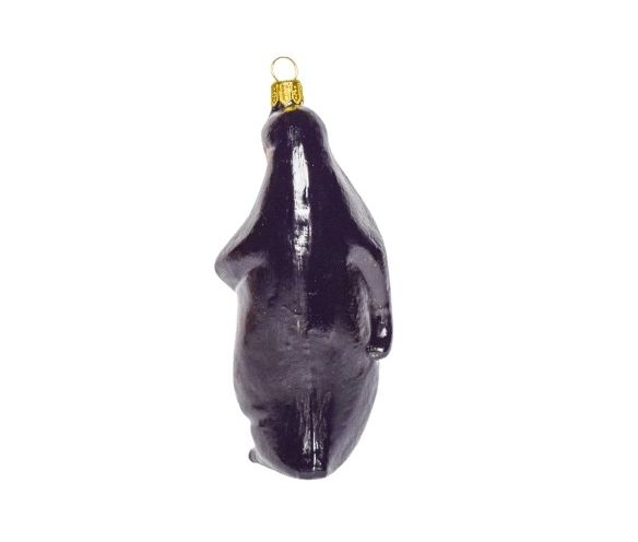 Pingouin empereur en verre soufflé et décoré main pour pendre au sapin de Noël vue de dos couleur blanc et noir