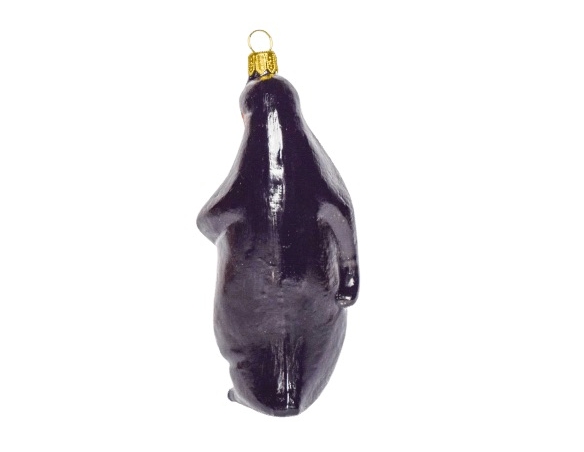 Pingouin empereur en verre soufflé et décoré main pour pendre au sapin de Noël vue de dos couleur blanc et noir
