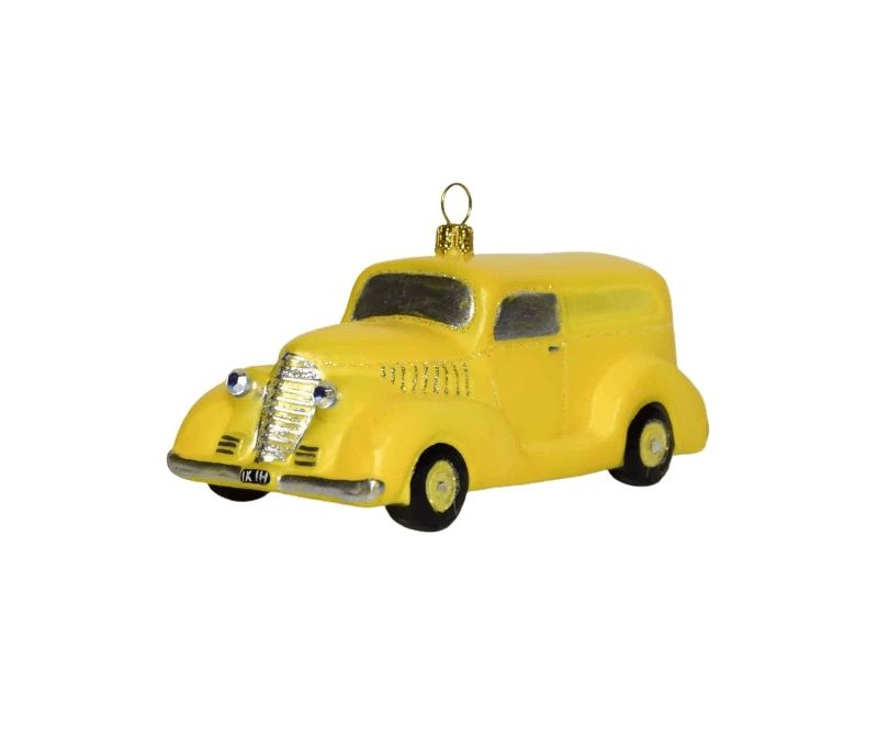 suspension pour sapin de noël en verre soufflé taxi jaune hauteur 7cm
