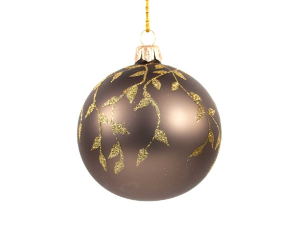 Boule de Noël taupe décor feuilles dorées verre soufflé et décorée à la main diamètre 8cm