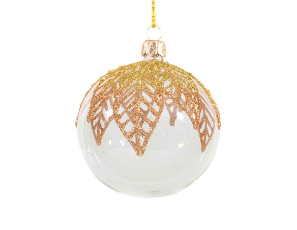 Boule de Noël transparente décor feuilles cuivrées pailletées diamètre 8cm