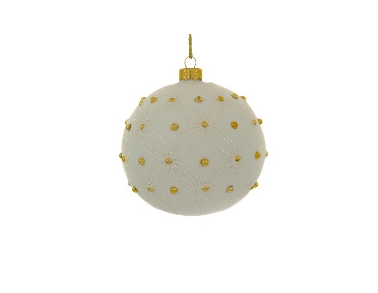 Boule de Noël moderne blanche avec perles dorées diamètre 8cm