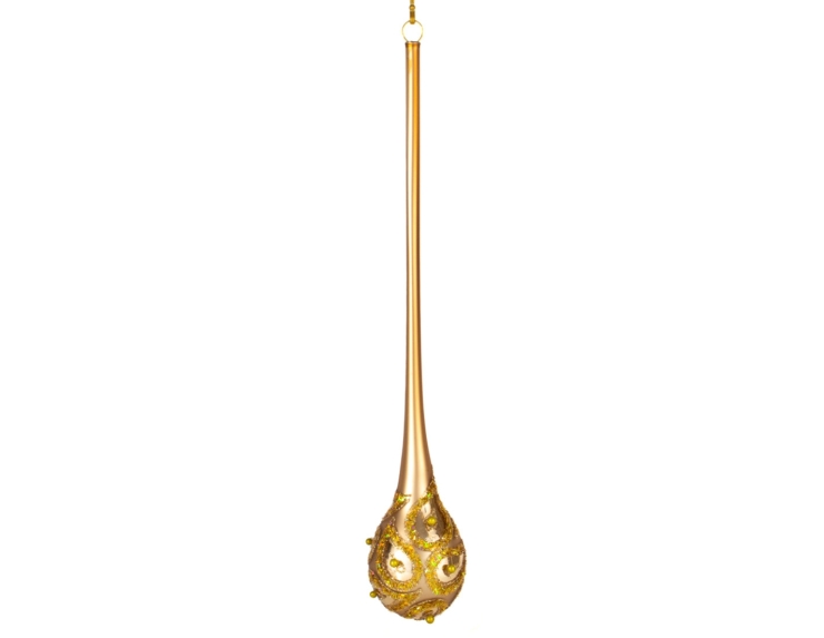 Suspension de noel en forme de goutte brune motifs cachemire dorés hauteur 24cm