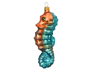 Suspension Noël verre soufflé hippocampe turquoise corail peint à la main H13cm